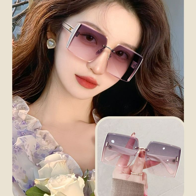 2023新款方形無框切邊太陽眼鏡網紅個性閃粉大框時尚大臉顯瘦墨鏡