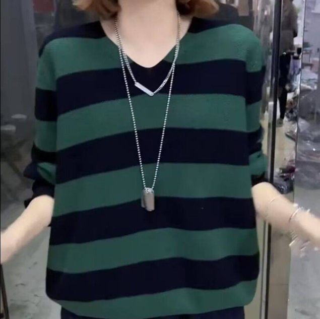 2024新款秋冬季寬鬆條紋針織毛衣女士打底衫