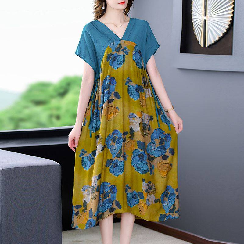 網紅爆款夏季新款寬鬆復古印花高端優雅連衣裙 網紅爆款夏季新款寬鬆復古印花高端優雅連衣裙