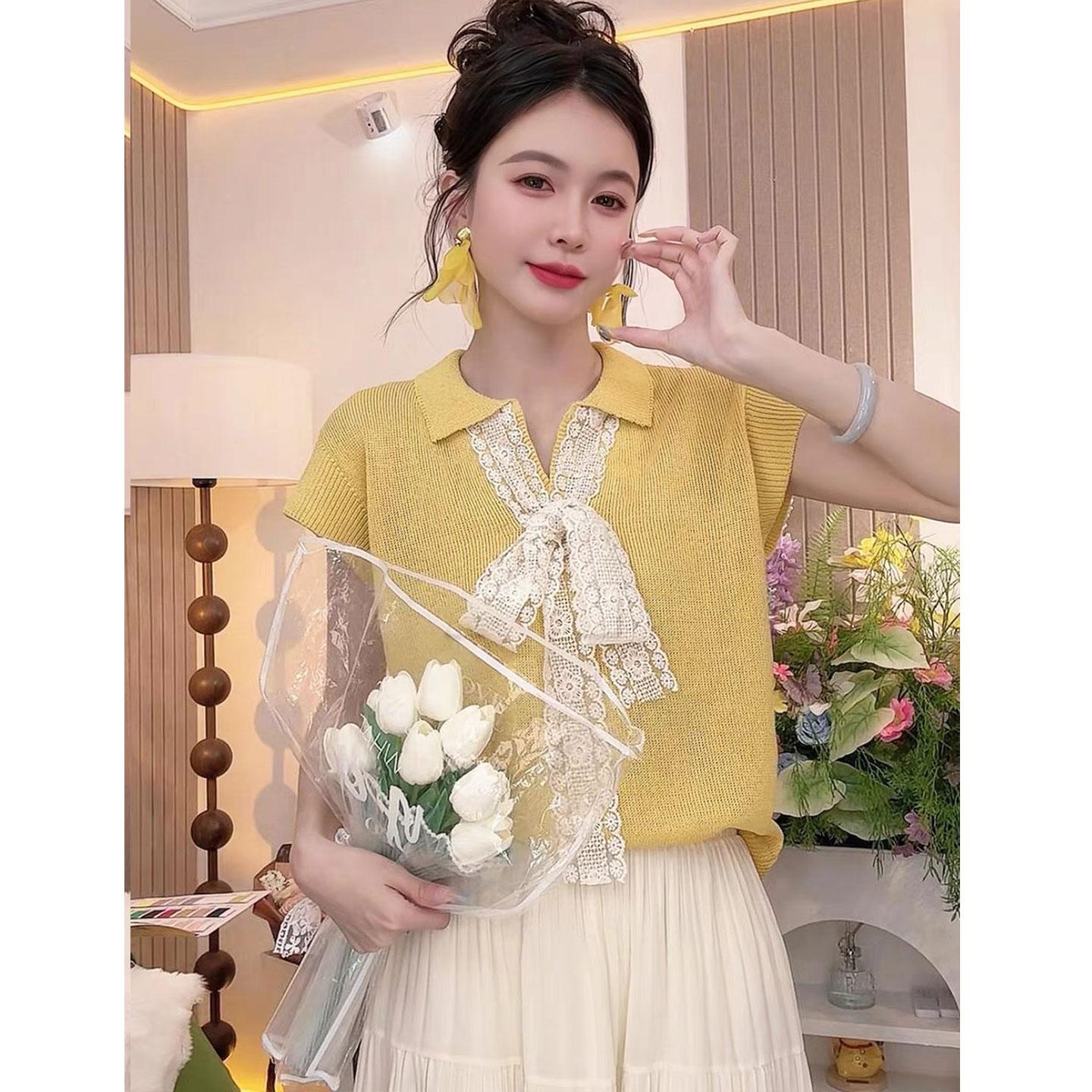 【台灣出貨】火爆折扣中!夏裝新款蕾絲拼接蝴蝶結冰絲針織衫 【台灣出貨】火爆折扣中!夏裝新款蕾絲拼接蝴蝶結冰絲針織衫